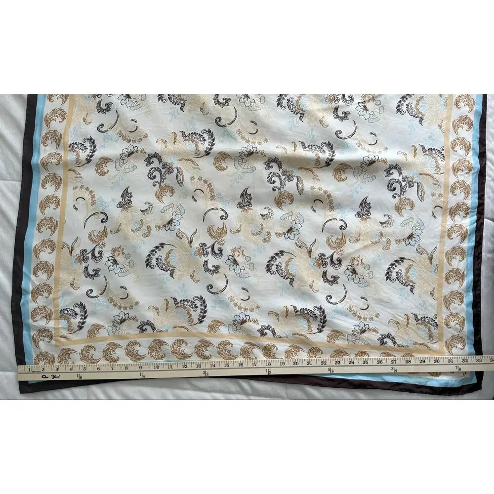 Vintage Style Paisley Floral Square Satin Scarf 34” Blue Brown Cream